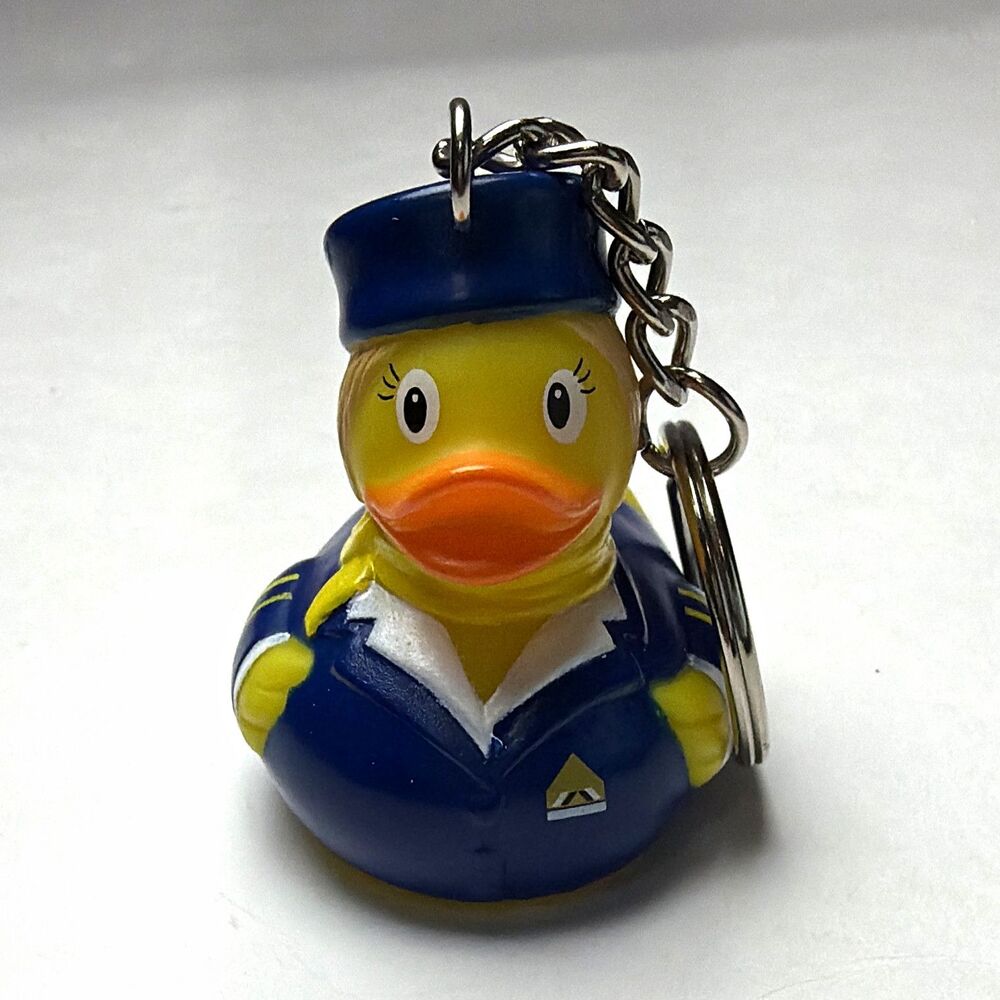 Rubber Duck Flight Attendant Keychain Metal Keyring Plastic Yellow Blue